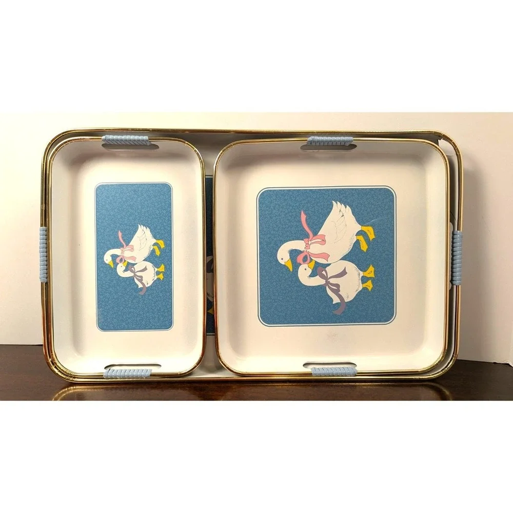 Vintage Made in Japan Serving Trays Ducks Geese Blue Gold Trim Set of 3